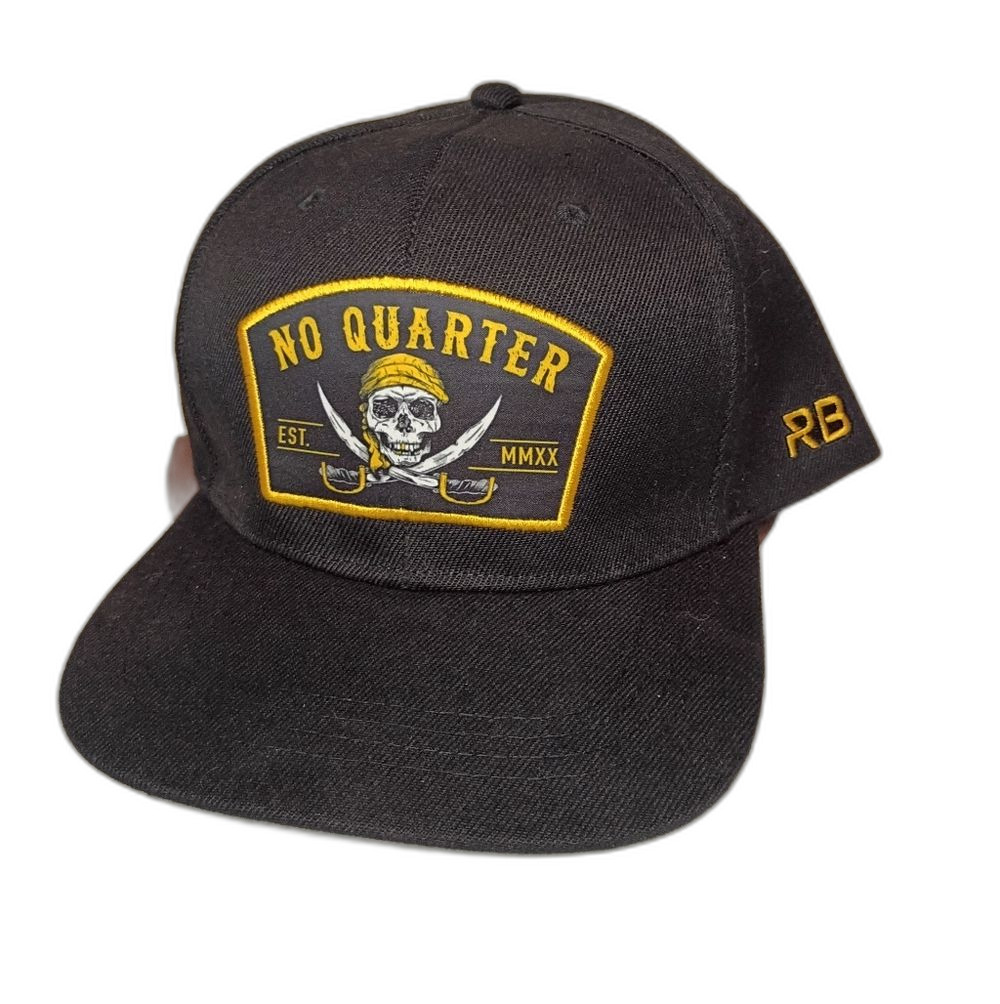 No Quarter Pirate Skull Snapback Hat Black/Gold RB Patch Like New
